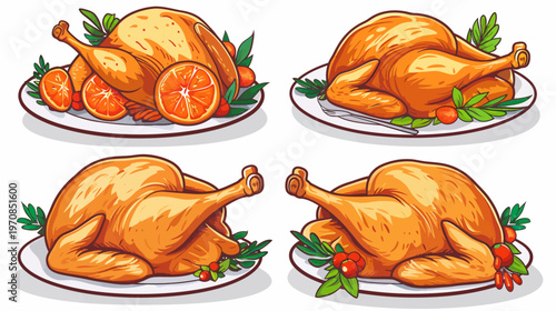 Four plates with whole roasted turkeys with garnish, cartoon style