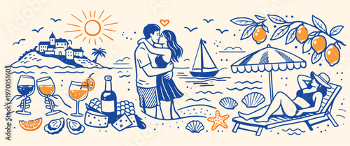 Italian Summer Amalfi Wedding Doodle Vector Collection with Hand Drawn Coastal Sea, Lemons, Wine and Food Elements for Beach Party Invitation, Picnic and Vacation Prints