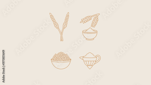 Outline illustration with ears of wheat, grains, flour, and food in bowls