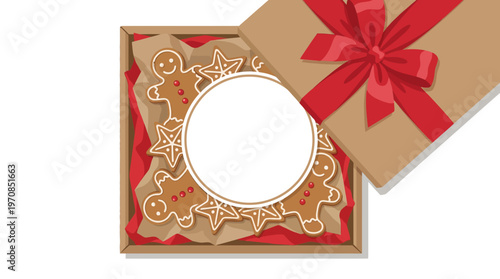 Gingerbread cookies in gift box with red ribbon, blank circle, arranged, holiday baking, festive treats, flat design, warm colors, top view, isolated.