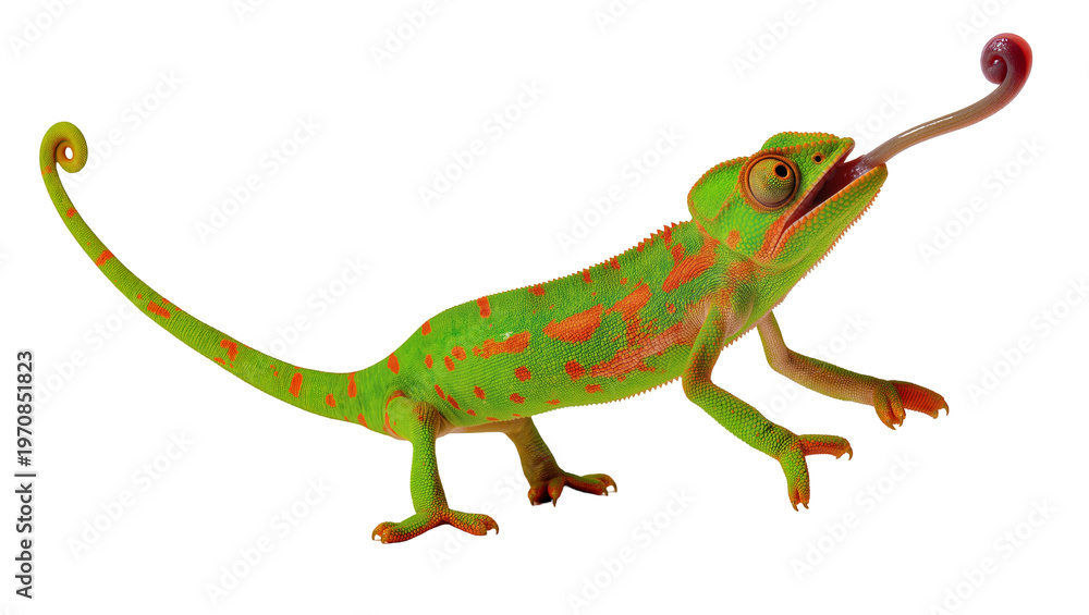 Fototapeta premium Vibrant green chameleon displaying pink tongue, exhibiting mottled orange spots on its textured skin
