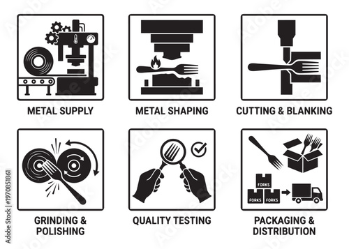 Fork production line steps metal supply shaping cutting polishing packing vector illustration.