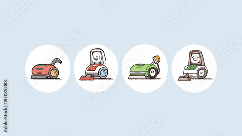 Line art illustration of four vacuums with faces against a light blue background