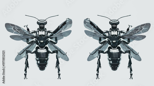 Two robotic wasps face front on pale background. Intricate detail, metallic-grey hues