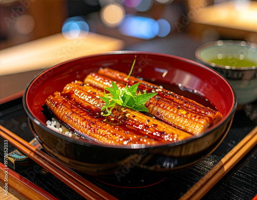 Luxury Japanese grilled eel bowl (Unagi Kabayaki) for Doyo-no-Ushi, professional food photography, copy space