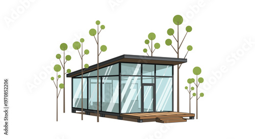 A modern single-story glass house with a wooden deck and stylized trees is situated on a white background.