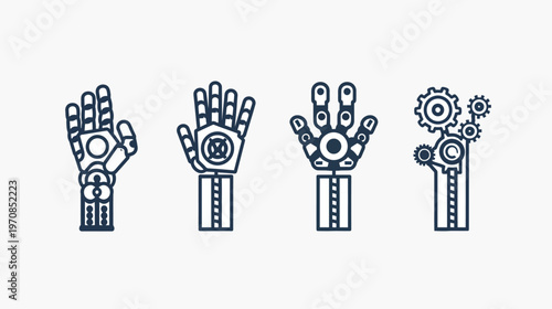 Four different stylized robotic hand icons in dark blue on a white background