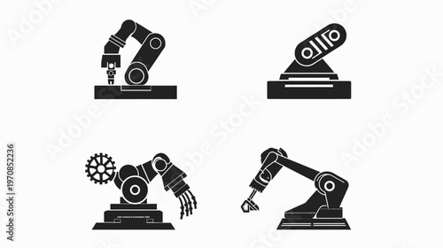 Four industrial robot arms, black silhouettes, each distinct in design on a white background
