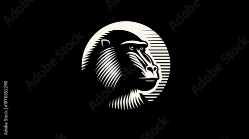 A monochrome illustration of a baboon in profile, enclosed within a circular background