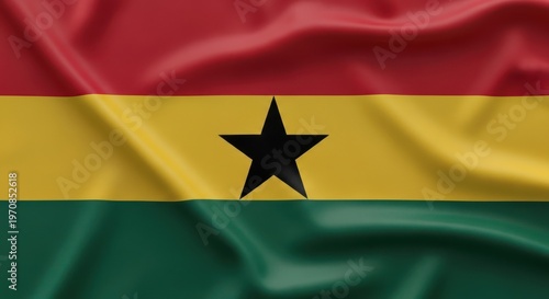 The flag of Ghana waving in the wind with its distinctive red, yellow, and green colors and a black star