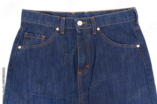 Close up of classic blue jeans textile isolated on white background. Detail of denim pants.	