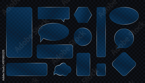 Dark blue glass morphism speech bubble chat boxes element collection transparent frosted glass vector illustration bundle