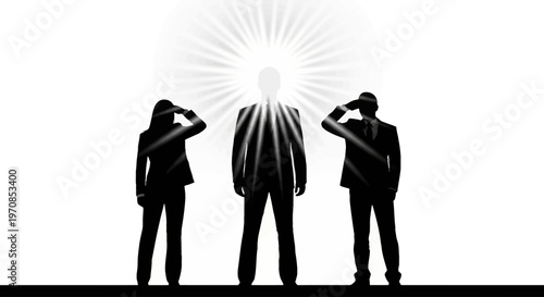 Three business people in formal wear salute towards a radiant light source