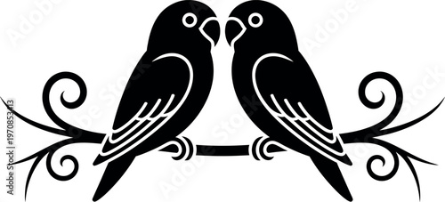 Two black birds sitting closely together on decorative branch illustration