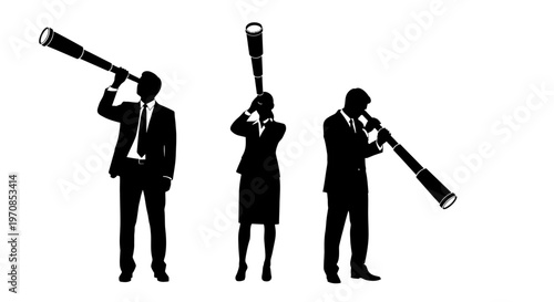 Business people in formal wear look through telescopes