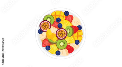 A white bowl brimming with a colorful assortment of cut fresh fruits is presented on a plain white background.
