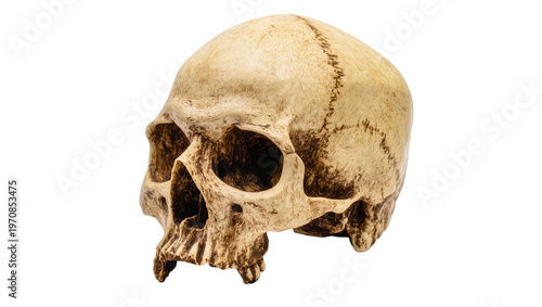 Antique human skull displaying detailed bone structure, resting on a plain surface