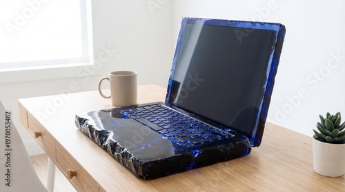 Modern Laptop with Glowing Blue Cooling System Base on Wooden Desk