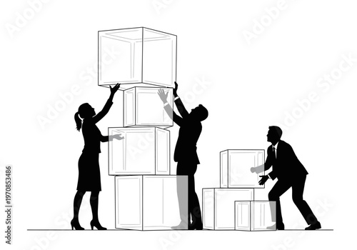 Business people stacking large bubbles in an office setting illustration