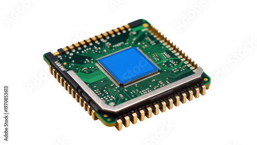 Billede på lærred Modern green circuit board, featuring a central blue square microchip