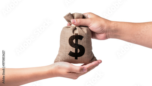 Tableau sur toile Man s hand offering burlap moneybag, receiving outstretched hand with open palm