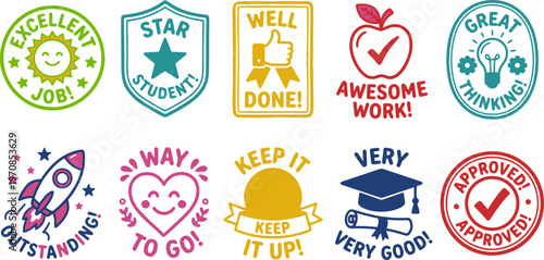 Schilderij op canvas A colorful illustration of grading teacher stamps and stickers for students