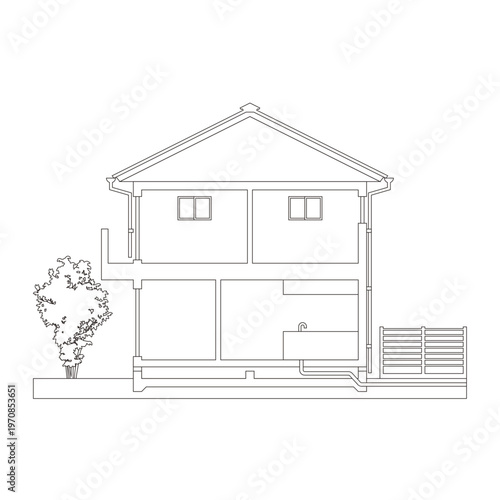 Detached House Cross Section Line Art Illustration