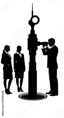 Businessman looks through coin chute as women observe future finance