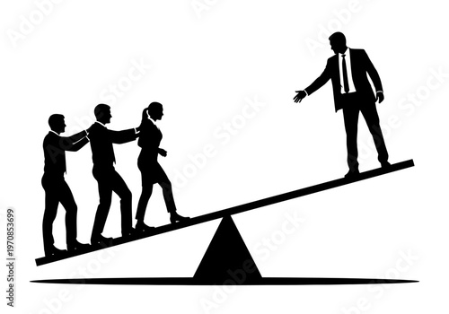 Businessmen adjusting a large gauge with silhouettes on seesaw