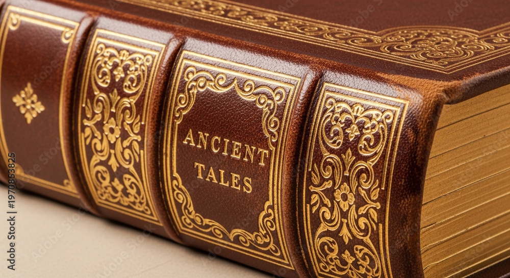 Fototapeta premium Close-up of a richly detailed antique leather-bound book titled 'Ancient Tales' with ornate gold tooling, evoking a sense of history, knowledge, and timeless storytelling.