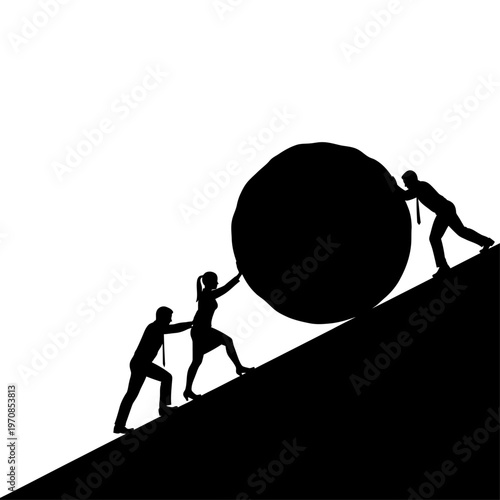 People pushing large ball up a steep hill together in unison