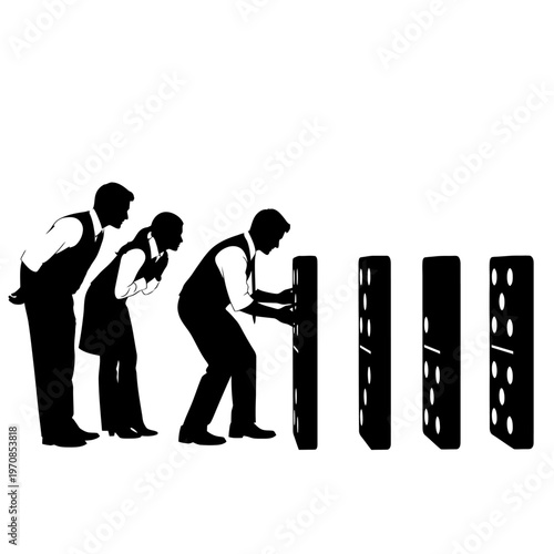 People standing in a line pushing dominoes in a sequence