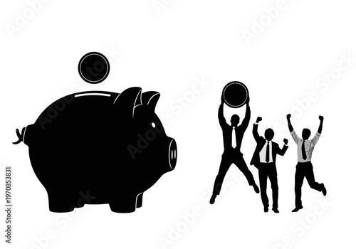 People working together with joy, inserting a coin into a piggy bank