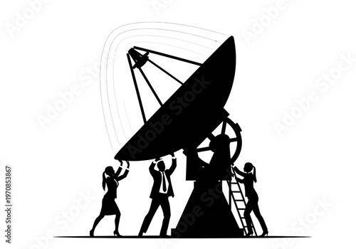 Men in silhouette assemble large satellite dish outdoors together