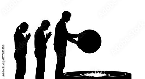 Three people working with a microscope in a laboratory setting closely