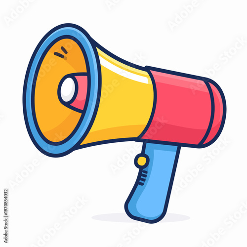 Illustration of a classic bullhorn or megaphone with a blue handle and yellow and red body, symbolizing communication, announcement, or protest