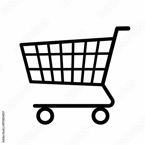 A simple black and white outline illustration of a shopping cart, representing commerce and retail services