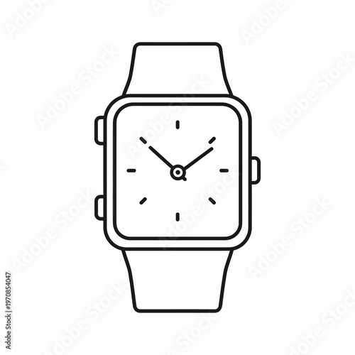 A minimalist line drawing of a modern digital wristwatch with a clear face and a simple strap, showcasing a timeless design