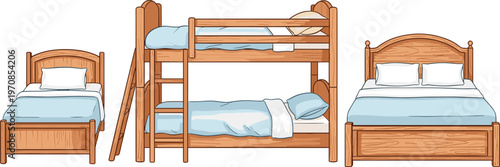 Set of wooden beds including bunk bed and single beds cartoon vector illustration for furniture design, bedroom interior and home lifestyle use