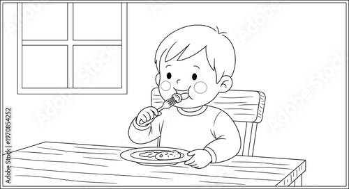 Cute child eating meal at table line art illustration showing kid enjoying food at home healthy eating concept black and white vector