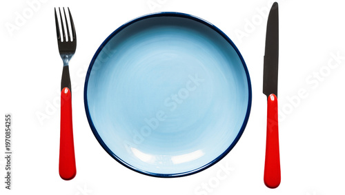 Cuadro en lienzo Blue glazed ceramic plate, flanked by silver fork and knife with red handles