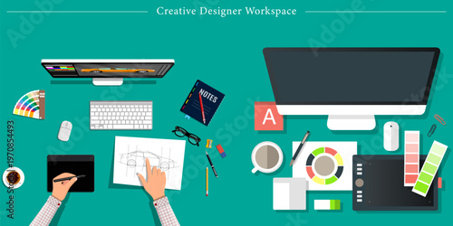 Creative Designer Workspace Flat Vector Top Down Graphic Design Studio Tools Illustration