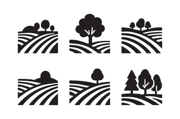 Canvas schilderij Wit Stylized landscape icons featuring trees and rolling hills in black  © SerrNoreshChandra