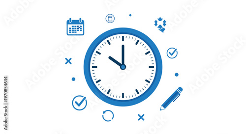 A prominent blue analog clock with black hands is centrally displayed, encircled by various blue time management and task-related icons on a pristine white background.