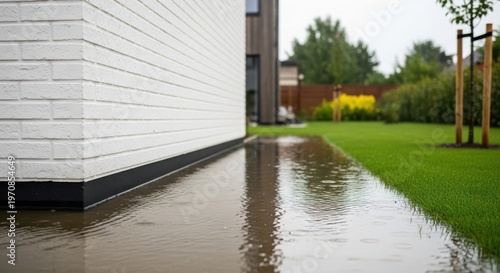 A flooded backyard with a white brick house and green grass on a rainy day