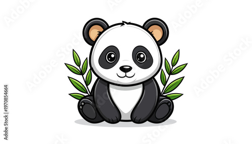 Charming baby panda illustration with bamboo leaves, adorable cartoon animal character for children's designs