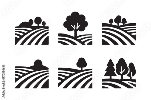 Stylized landscape icons featuring trees and rolling hills in black