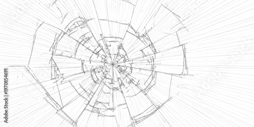 A detailed technical schematic drawing showing a complex circular geometric architectural plan isolated on white background, Vector, illustration