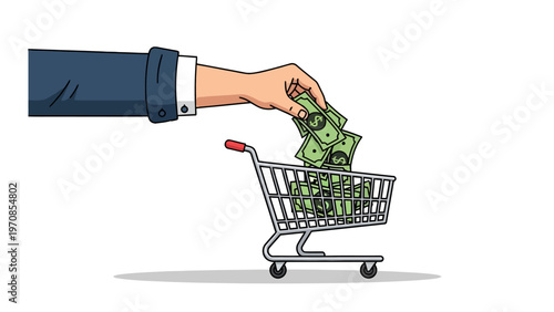 Hand Putting Money in Shopping Cart.