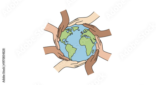 Cartoon Outline Diverse Hands Embracing Earth Calm Eco Illustration